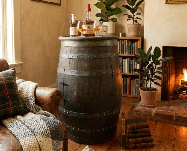 A full oak custom vintage and rustic whiskey barrel furniture mini bar with a middle shelf and 1 door