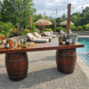 Full outdoor barrel bar with cedar tabletop and cherry stain