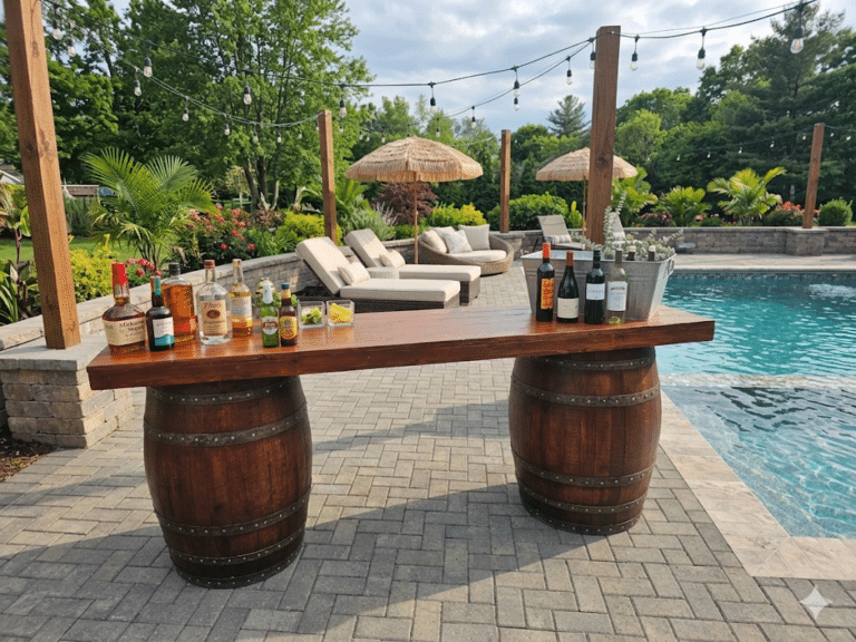 Full outdoor barrel bar with cedar tabletop and cherry stain